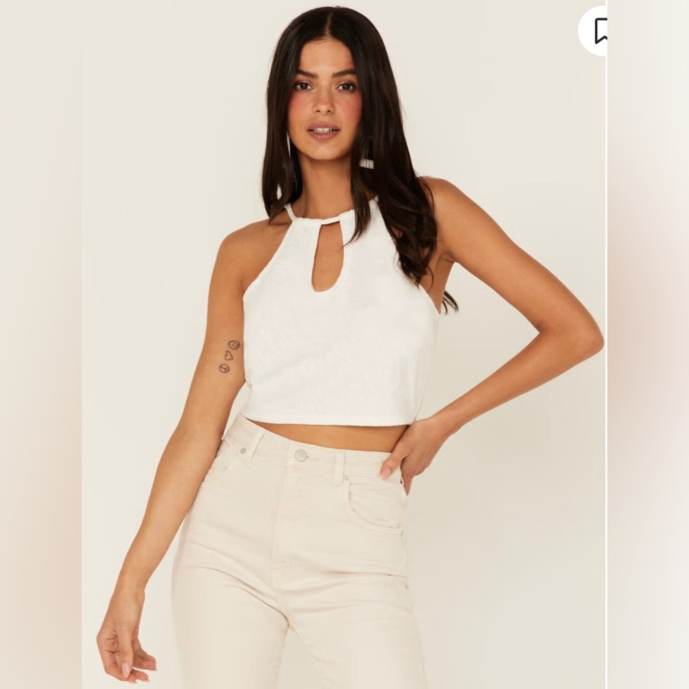Shyanne White Textured Halter Crop Top with Keyhole Tie